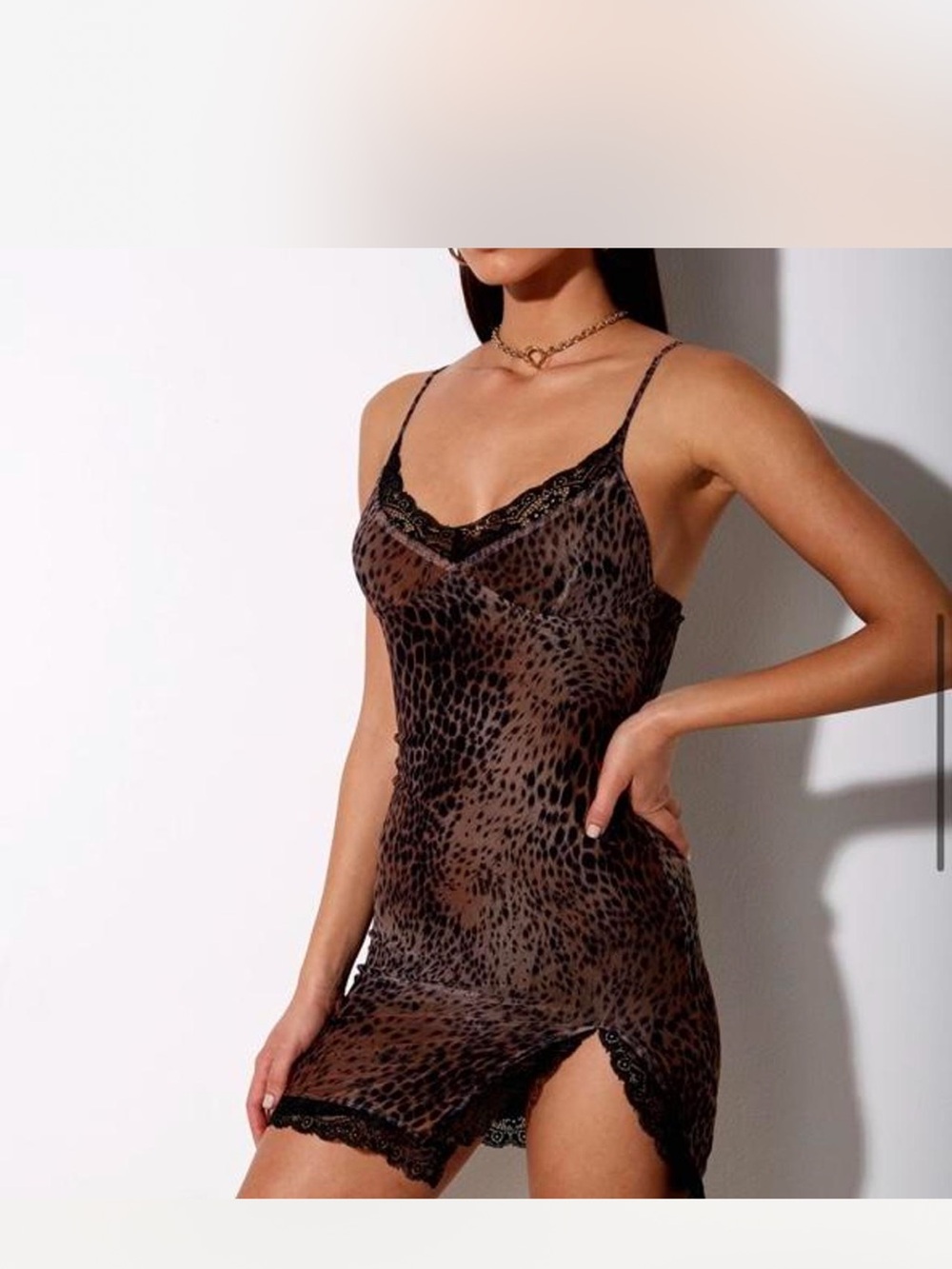 Motel Rocks Brown Leopard Sheer Lace-Trim Slip Dress